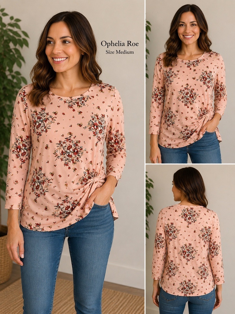 Ophelia Roe Floral Twist Front Top Size Medium Blush Pink 3/4 Sleeve